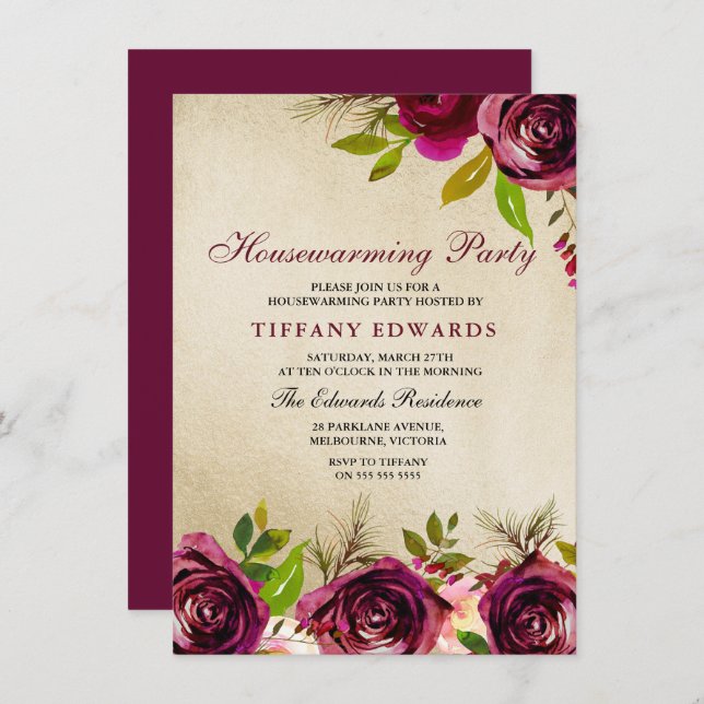Burgundy Floral Gold Housewarming Party Invitation (Front/Back)