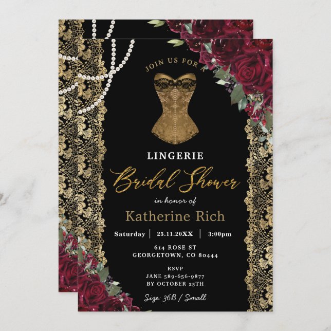 Burgundy Floral Gold Lace Lingerie Bridal Shower Invitation (Front/Back)