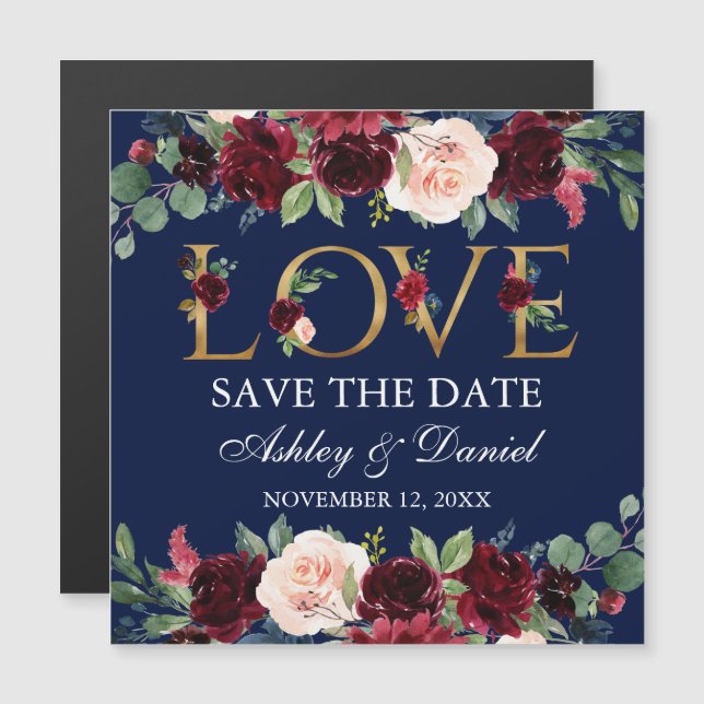 Burgundy Floral Gold Love Magnetic Save The Date (Front/Back)