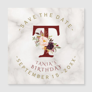 Burgundy Floral Gold Marble Birthday Save The Date Magnetic Invitation