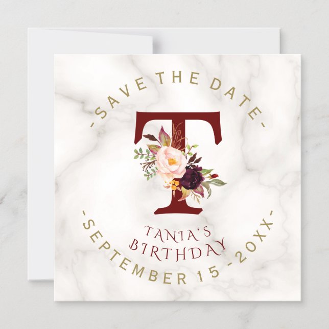 Burgundy Floral Gold Marble Birthday Save The Date Magnetic Invitation (Front)
