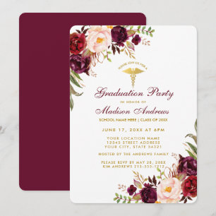 Burgundy Floral Gold Medical Grad Party Invite
