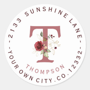 Burgundy Floral Gold Monogram Circular Address Classic Round Sticker