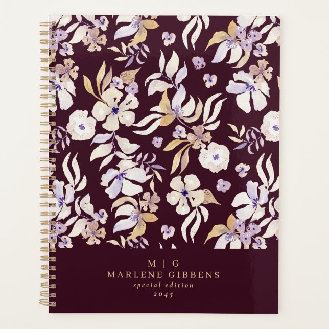 Burgundy floral gold monogram planner (Front)