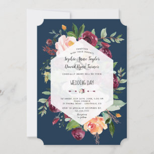 Burgundy Floral Gold Navy Blue Geometric Wedding Invitation