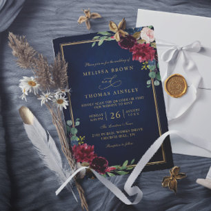 Burgundy Floral Gold Navy Blue QR Code Wedding Invitation