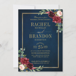 Burgundy Floral Gold Navy Blue Rehearsal Dinner Invitation