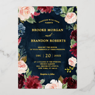 Burgundy Floral Gold Navy Blue Rustic Wedding Foil