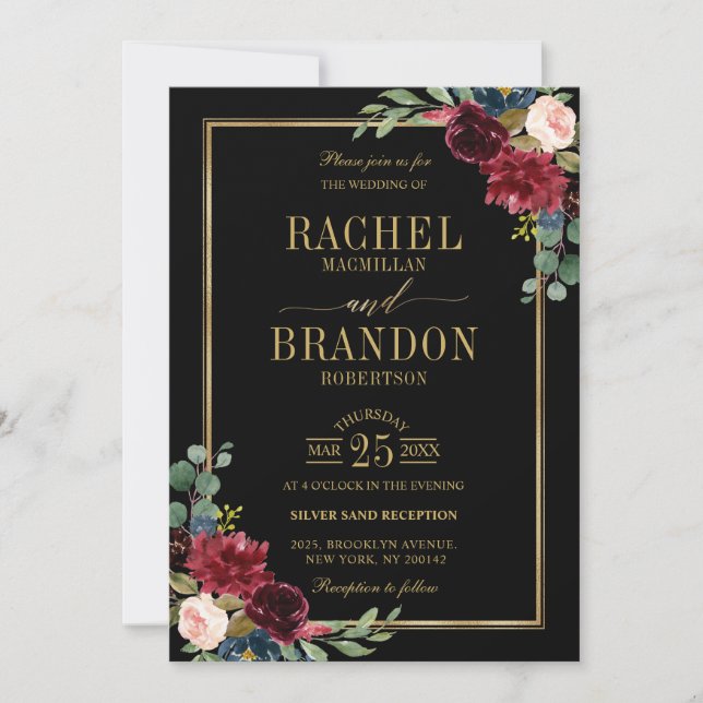 Burgundy Floral Gold Navy Blue Rustic Wedding Invi Invitation (Front)