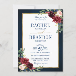 Burgundy Floral Gold Navy Blue Rustic Wedding Invi Invitation