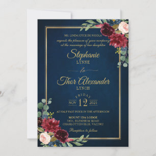 Burgundy Floral Gold Navy Blue Rustic Wedding Invi Invitation