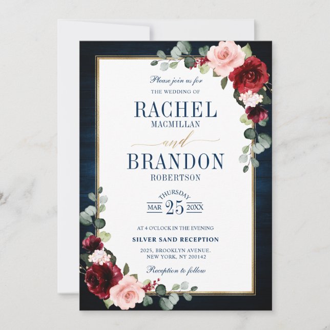 Burgundy Floral Gold Navy Blue Rustic Wedding Invi Invitation (Front)