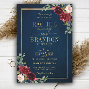 Burgundy Floral Gold Navy Blue Rustic Wedding Invitation