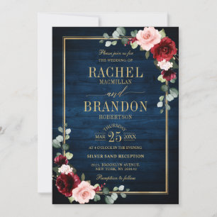 Burgundy Floral Gold Navy Blue Rustic Wedding Invitation