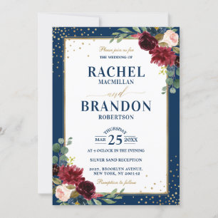 Burgundy Floral Gold Navy Blue Rustic Wedding Invitation