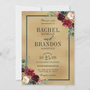 Burgundy Floral Gold Navy Blue Rustic Wedding Invitation