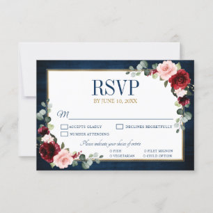 Burgundy Floral Gold Navy Blue Rustic Wedding RSVP