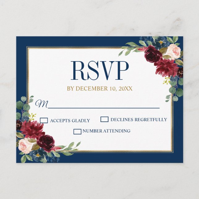 Burgundy Floral Gold Navy Blue Rustic Wedding RSVP Postcard (Front)