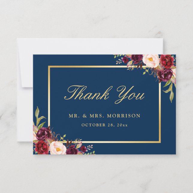 Burgundy Floral Gold Navy Blue Thank You Card (Front)