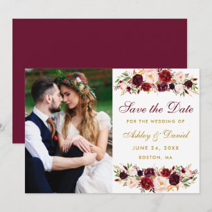 Burgundy Floral Gold Photo Save The Date