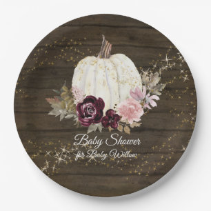 Burgundy Floral Gold Pumpkin Rustic Baby Shower Paper Plate