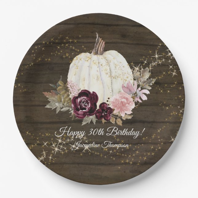 Burgundy Floral Gold Rustic Pumpkin 30th Birthday Paper Plate (Front)
