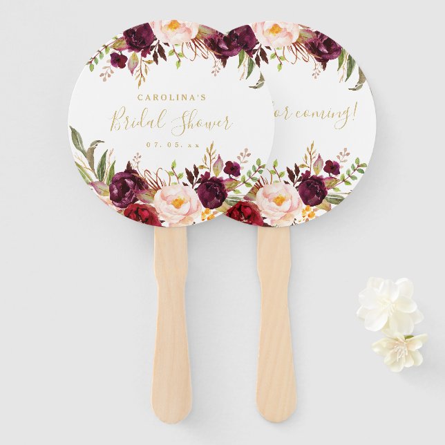 Burgundy Floral Gold Script Bridal Shower Hand Fan (Front and Back)