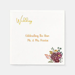 Burgundy Floral & Gold Script Wedding Napkin