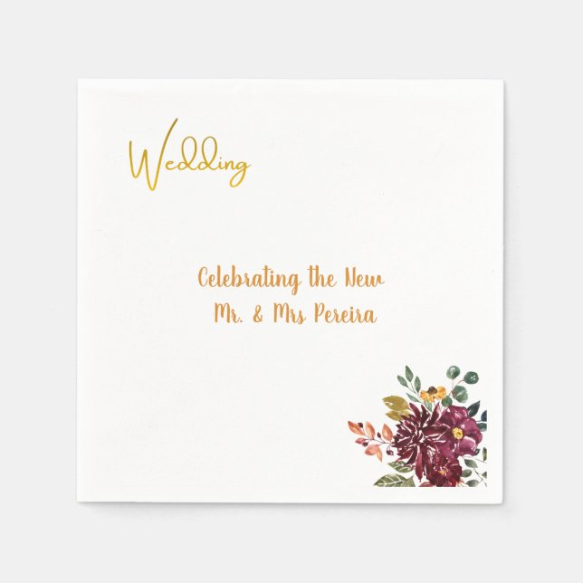 Burgundy Floral & Gold Script Wedding Napkin (Front)