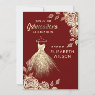 Burgundy Floral gold sequins dress Quinceañera  In Invitation