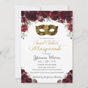 Burgundy Floral Gold Sweet Sixteen Masquerade Mask Invitation