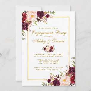 Burgundy Floral Gold Wedding Engagement Invite
