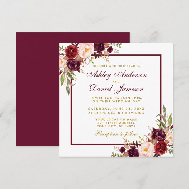 Burgundy Floral Gold Wedding Invite Card B (Front/Back)