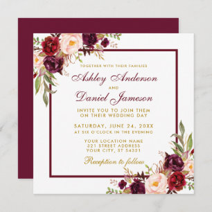Burgundy Floral Gold Wedding Invite Card B