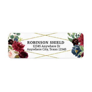 Burgundy Floral Gold Wedding Return Address Label