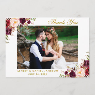 Burgundy Floral Gold Wedding Thank You Card
