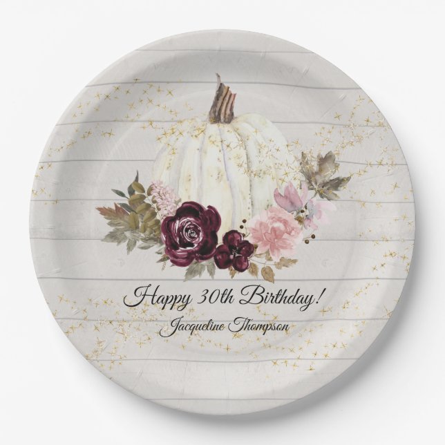 Burgundy Floral Gold White Pumpkin 30th Birthday Paper Plate (Front)