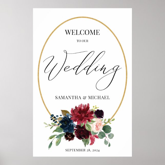 Burgundy Floral Gold Wreath Wedding Welcome Sign (Front)
