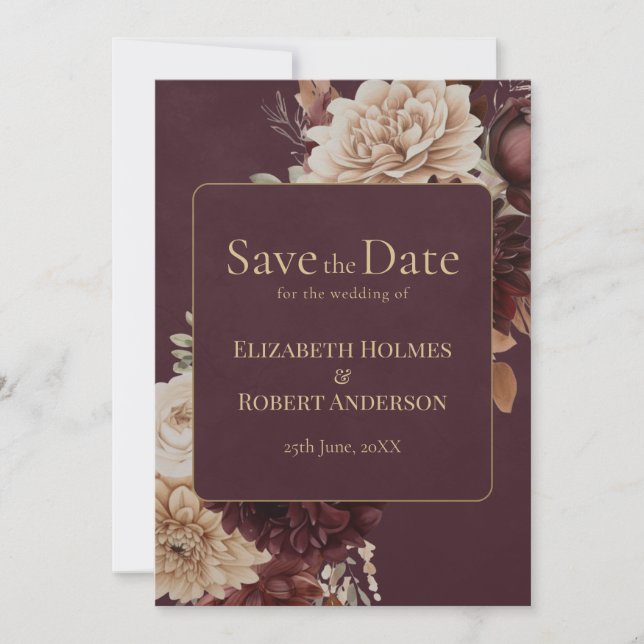Burgundy Floral Gothic Save the Date Card (Front)