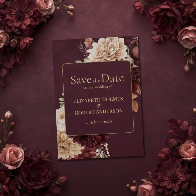 Burgundy Floral Gothic Save the Date Card (Burgundy Floral Gothic Save the Date Card on burgundy witchy wedding table with flowers)