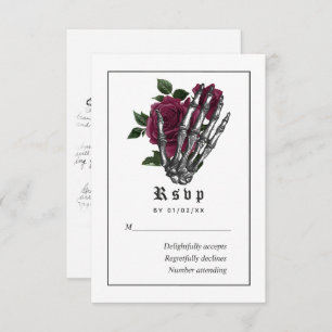 Burgundy Floral Gothic Skeleton Wedding RSVP Card