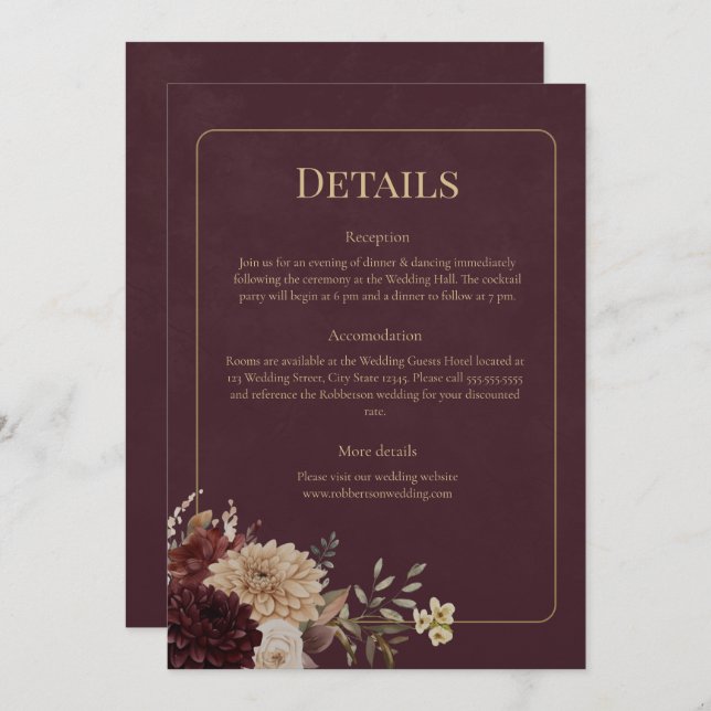 Burgundy Floral Gothic Wedding Details Card (Front/Back)