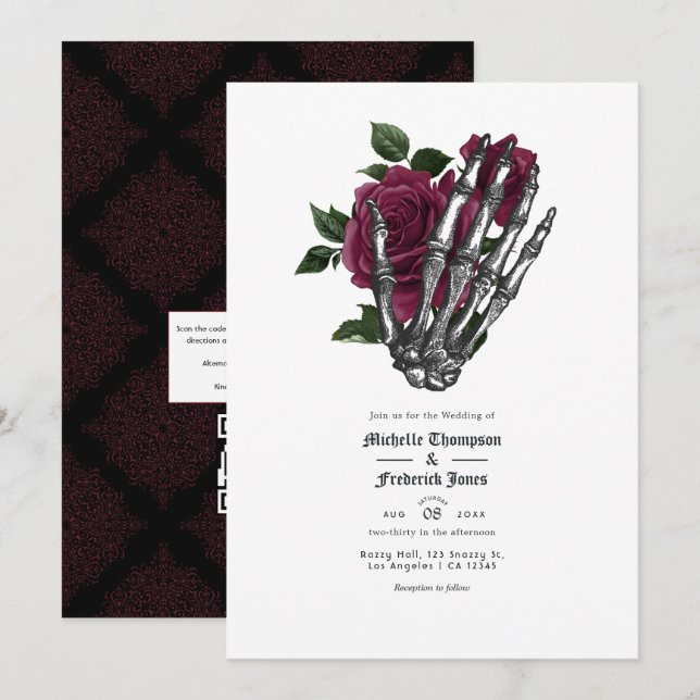 Burgundy Floral Gothic Wedding QR Code Invitation (Front/Back)