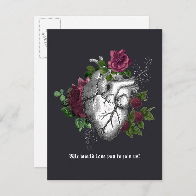 Burgundy Floral Gothic Wedding Reminder Postcard (Front/Back)