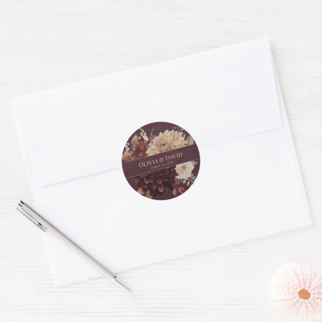 Burgundy Floral Gothic Wedding Round Sticker (Envelope)