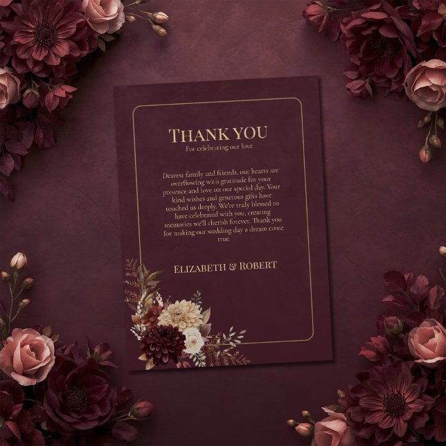 Burgundy Floral Gothic Wedding Thank You Card (Burgundy Floral Gothic Wedding Thank You Card on a burgundy witchy wedding table with flowers)