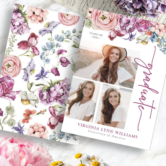 Burgundy Floral Graduation Announcement (Burgundy Floral Graduation Announcement with Pictures by Painted Paperie
)