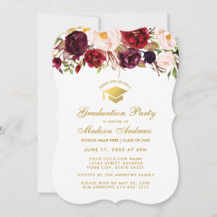 Burgundy Floral Graduation Party Gold Invite BW