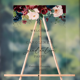 Burgundy Floral Graduation Welcome Acrylic Sign