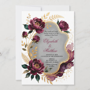 Burgundy Floral Gray Gold Luxury Wedding Invitation